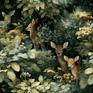 May include: A detailed illustration of a forest scene with several deer. The deer have brown fur with white spots and are surrounded by lush green foliage, including leaves and flowers. The color palette is dominated by greens, browns, and touches of yellow.