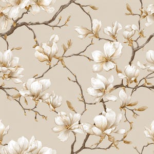 May include: A seamless pattern featuring white magnolia flowers with brown stems and leaves against a beige background. The floral design is detailed and realistic, creating a natural and elegant aesthetic. The pattern is suitable for various applications, such as wallpaper or fabric.