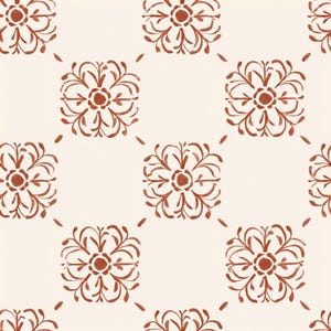 May include: A repeating pattern of terracotta-colored floral designs on a cream background. The floral elements are stylized, with a central circle and surrounding curved lines, arranged in a grid-like fashion. The design is symmetrical and evokes a vintage aesthetic.
