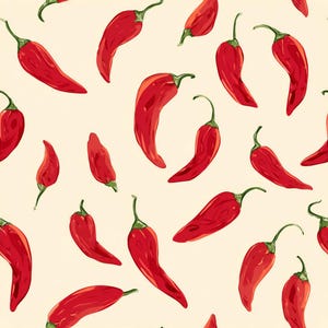 May include: A repeating pattern of red chili peppers with green stems on a cream-colored background. The peppers vary in size and orientation, creating a dynamic and visually appealing design. This pattern is suitable for kitchen textiles or food-related products.