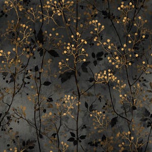 May include: Dark gray wallpaper with a repeating pattern of gold-colored branches and berries, and black leaves. The design has a textured, mottled appearance, creating a moody and elegant aesthetic. The wallpaper is suitable for interior design projects.