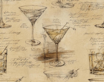 May include: A vintage-style illustration featuring various cocktail glasses, including martini and highball glasses, sketched on a parchment-like background. The artwork includes handwritten script and shading, creating a classic, artistic aesthetic.
