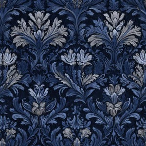 May include: A seamless pattern featuring a repeating floral design in shades of blue and gray against a dark blue background. The pattern includes stylized flowers and foliage, creating a classic, elegant look. The design is suitable for wallpaper or fabric.
