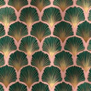 May include: A repeating pattern of stylized fan shapes in a symmetrical arrangement. The fan shapes are a deep teal green with gold accents, set against a soft pink background. The design has a three-dimensional appearance.