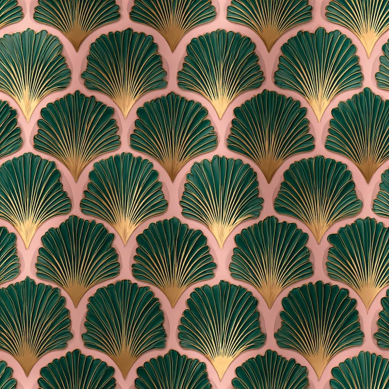 Deco shells wallpaper with a gold accent on a pink background displaying a repeating pattern.