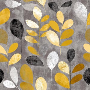 May include: Abstract botanical pattern featuring stylized leaves in shades of yellow, gray, black, and white against a textured gray background. The leaves have a variety of patterns and textures, creating a visually interesting design.