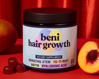 Beni Hair Growth Gummies – 60 Count with Fo-Ti Root, Horsetail Stem, Biotin & Hyaluronic Acid – Vegan, Non-GMO, Gluten-Free, Vitamins