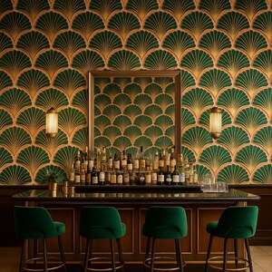 Deco Shells Wallpaper with green and gold fan pattern on peach background.