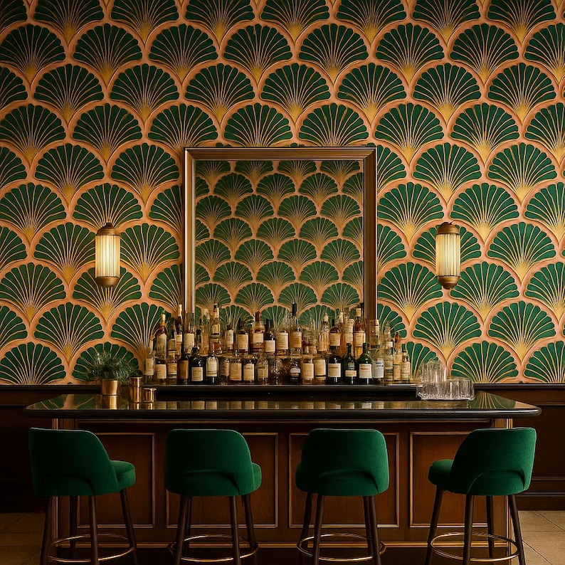 Deco Shells Wallpaper with green and gold fan pattern on peach background.