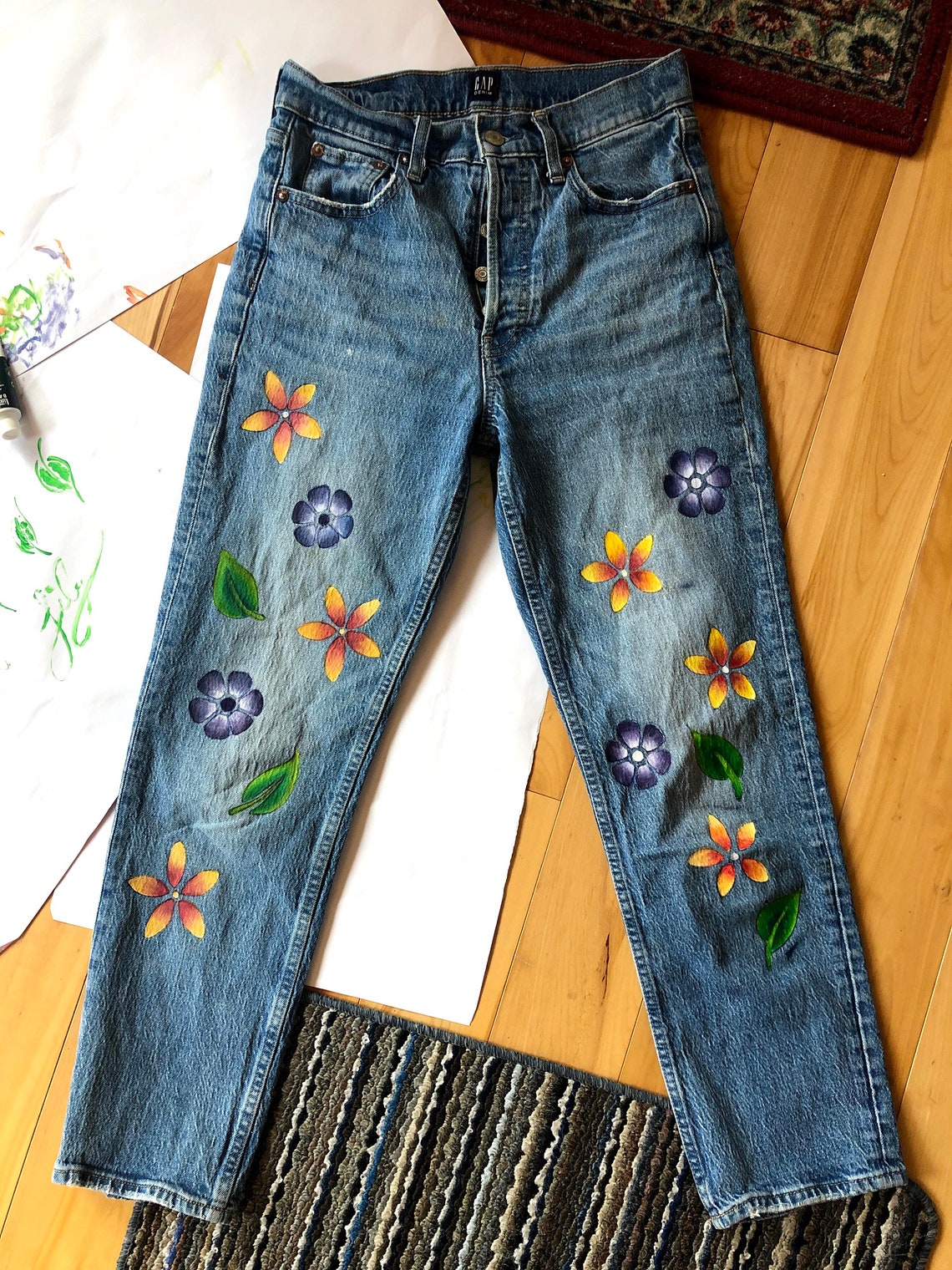Hand Painted High Waisted Jeans Etsy