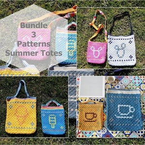 May include: A set of three crochet tote bag patterns featuring summery designs. The bags are shown in various colours, including pink, blue, yellow, and white. The designs include a cup of coffee, an ice cream cone, and a flower.