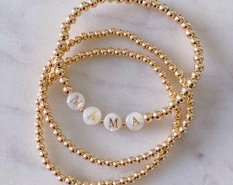14k Gold Filled Bracelet, Mame Bracelet, Dainty Mama Bracelet, Mother of Pearl Letter Bead Bracelet, Gift for Mother