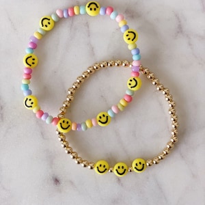 Smiley Face Bracelet, Be Happy Bracelet, Smile Gold Beaded Bracelet, Smiley Face Gold Filled Bracelet