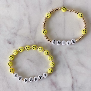 Smiley Face Bracelet, Be Happy Bracelet, Smile Gold Beaded Bracelet, Smiley Face Gold Filled Bracelet