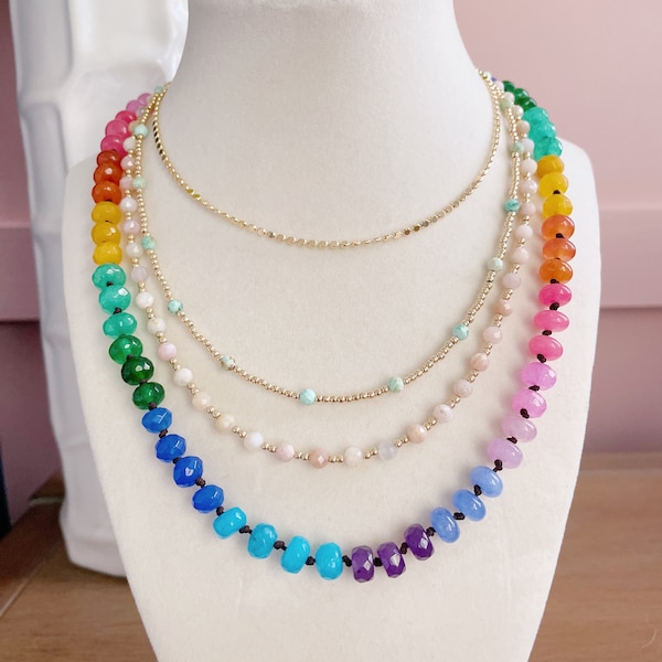 Rondelle Gemstone Necklace, Peruvian Turquoise Necklace, Pink Opal Necklace, Layered Necklaces