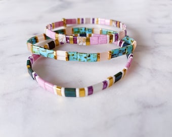 Tila Bracelet's, Tile Bead Bracelets, Boho Bracelet for Women, Square Bead Bracelet, Glass Tila Bracelet