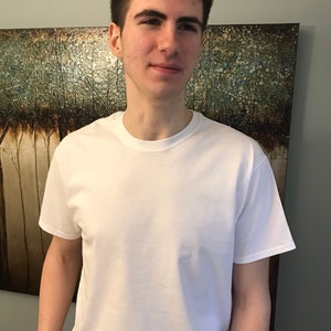 May include: A plain white crew neck t-shirt. The short-sleeved shirt is made of a soft, opaque material. The person is standing in front of a painting with a tree-like design.