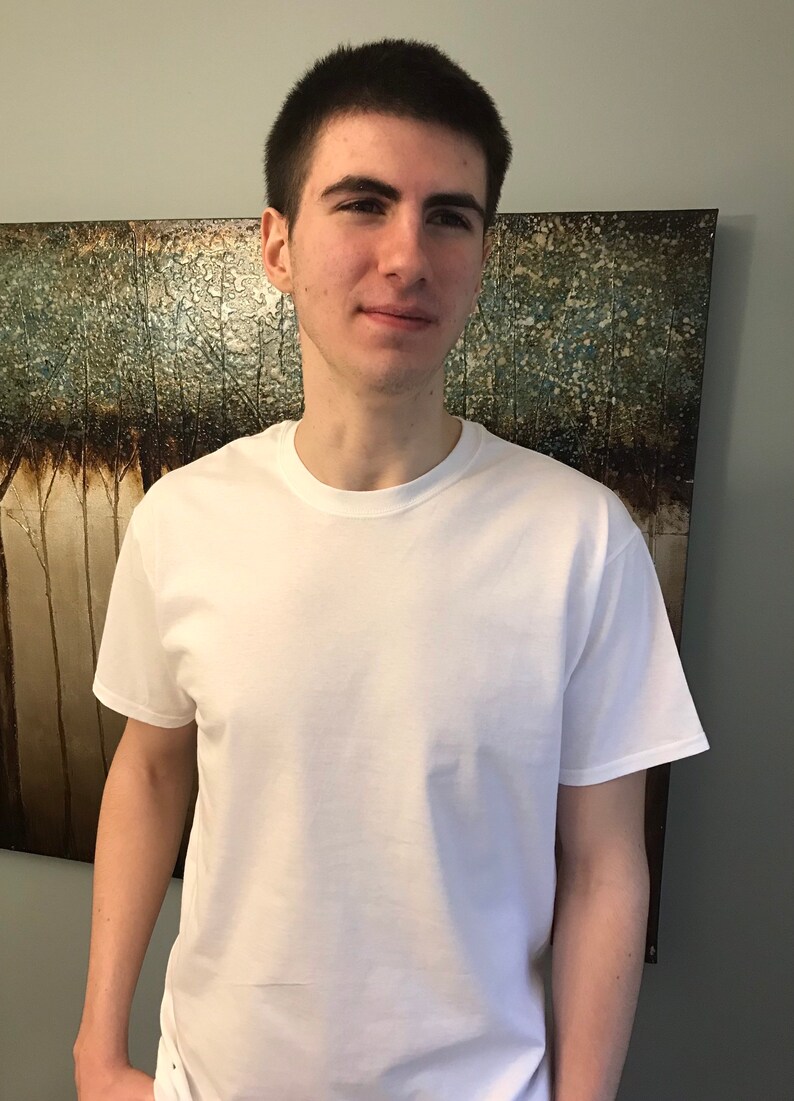 May include: A plain white crew neck t-shirt. The short-sleeved shirt is made of a soft, opaque material. The person is standing in front of a painting with a tree-like design.