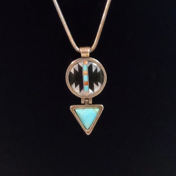 Signed Carolyn Pollock Relios Sterling Silver Inlay Pendant Coral, MOP, and Turquoise Plus 18" Chain