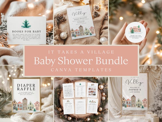It Takes a Village Baby Shower Bundle | Editable Canva Templates