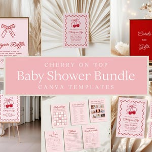 Cherry On Top Baby Shower Bundle | Editable Canva Templates | Cherry Baby Shower Signs, Games, & Invitations