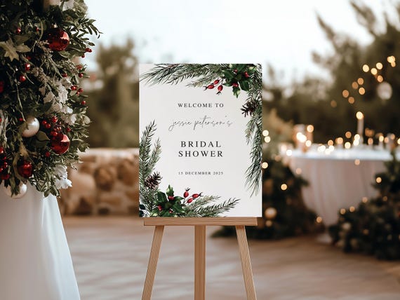 Christmas Greenery Bridal Shower Welcome Sign: Printed Foamboard Holiday Decor
