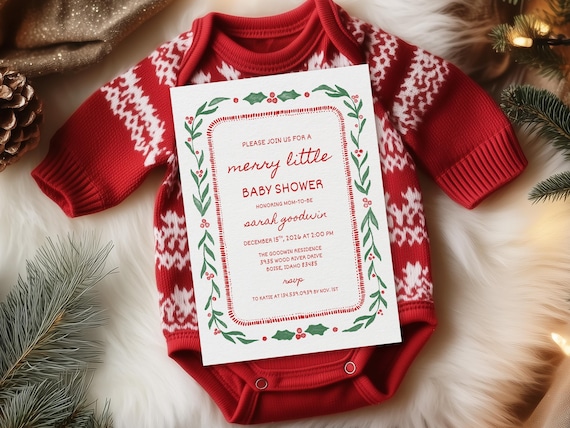 Merry Little Baby Shower Invitations | Mistletoe Baby Shower Invite | Printed Holiday Baby Shower Cards