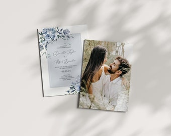 Dusty Blue Rose Wedding Invitation | Printed & Shipped