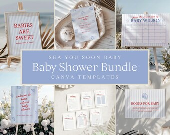 Paquete de baby shower costero / Tema "Sea You Soon" / Plantillas de Canva (Descarga digital)