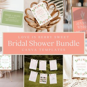 Strawberry Bridal Shower Bundle | Love is Berry Sweet | Editable Canva Templates (Digital Download)