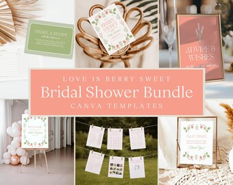Strawberry Bridal Shower Bundle | Love is Berry Sweet | Editable Canva Templates (Digital Download)