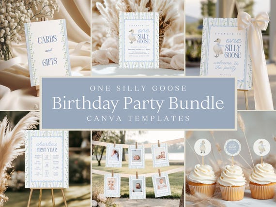 One Silly Goose First Birthday Party Bundle | Editable Canva Templates