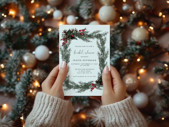 Christmas Greenery Bridal Shower Invitations: Holiday Foliage, Printed Cards