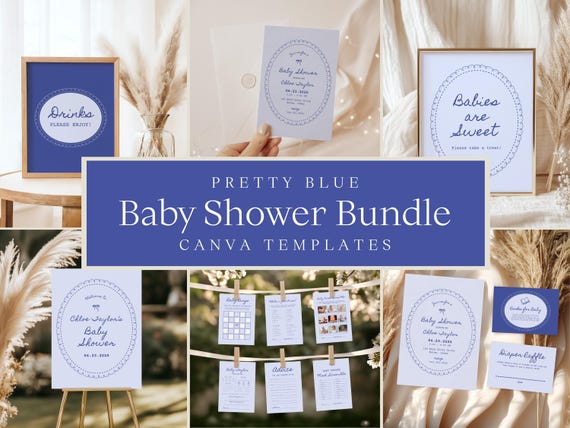 Pretty Blue Baby Shower Bundle | Editable Canva Templates