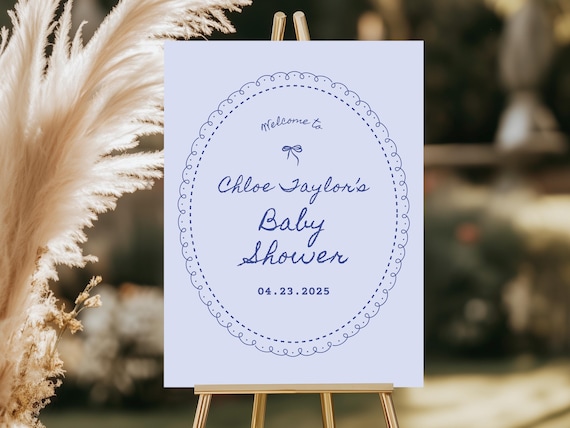 Elegant Blue Baby Shower Welcome Sign | Handdrawn Frame | Printed Foamboard Decor