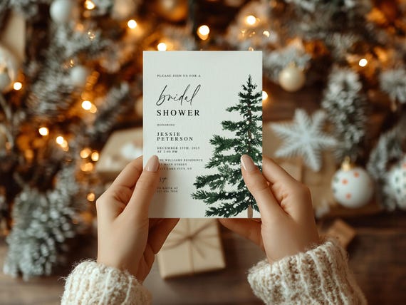 Winter Pine Tree Bridal Shower Invitations: Printed Holiday Cards