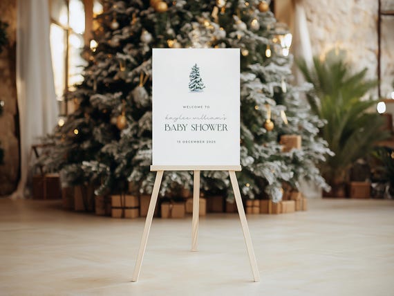 Christmas Baby Shower Welcome Sign: Snowy Pine Tree Foam Board Decor