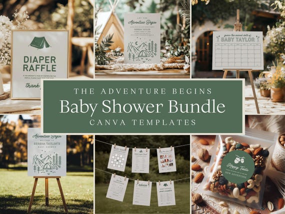 The Adventure Begins Baby Shower Bundle | Editable Canva Templates