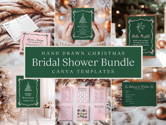 Hand-Drawn Christmas Bridal Shower Bundle | Editable Canva Templates
