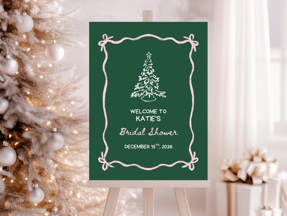 Hand-Drawn Christmas Bridal Shower Welcome Sign: Green & Pink Foam Board