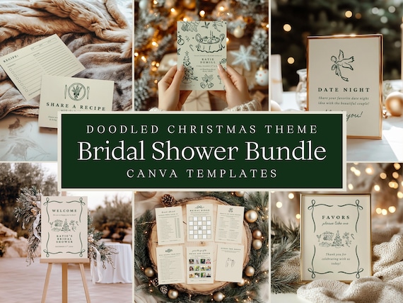 Doodled Christmas Bridal Shower Bundle | Editable Canva Templates