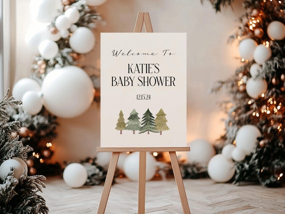Christmas Baby Shower Welcome Sign: Watercolor Pine Trees Foamboard