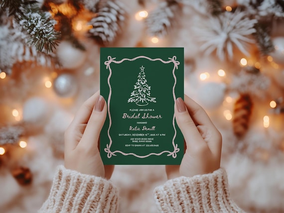 Hand Drawn Christmas Bridal Shower Invitations: Green & Pink Holiday Cards