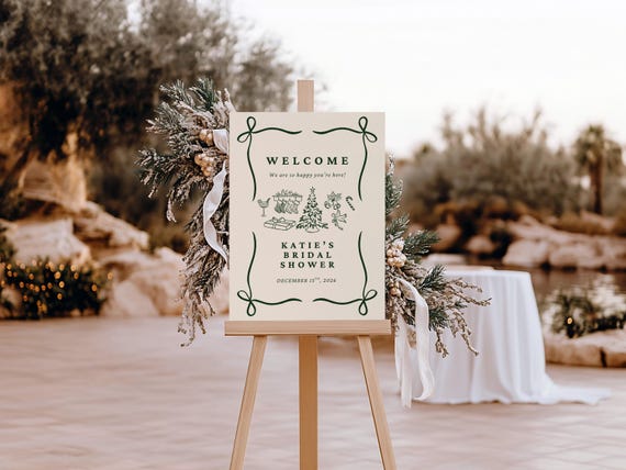 Doodled Christmas Bridal Shower Welcome Sign: Printed Foam Board Decor