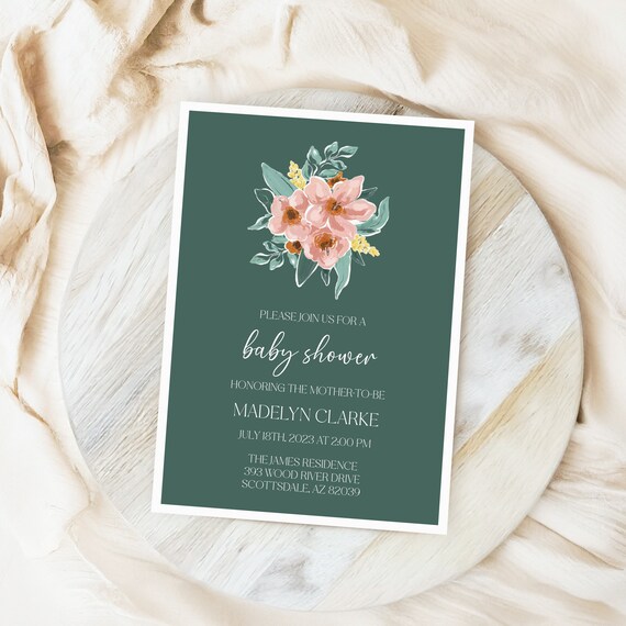 Green Floral Baby Shower Invitation | Printed & Shipped