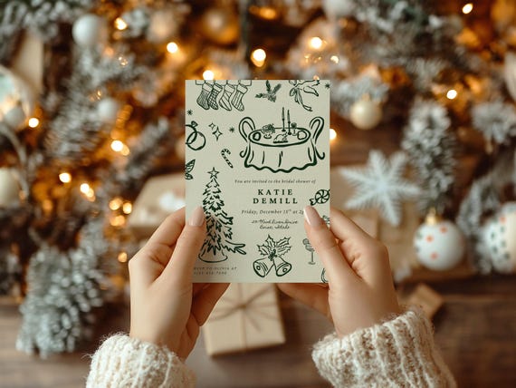 Doodled Christmas Bridal Shower Invitations: Festive Holiday Cards
