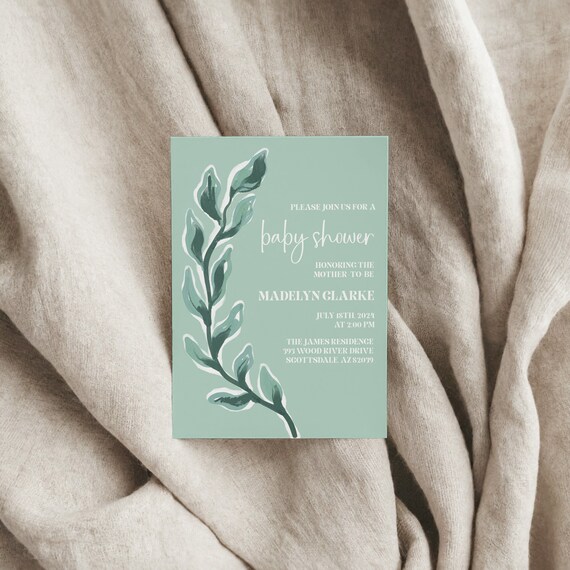 Teal Greenery Baby Shower Invitation | Printed & Shipped