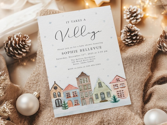 It Takes a Village Baby Shower Invitations | Winter Baby Shower Invite | Printed Baby Shower Cards