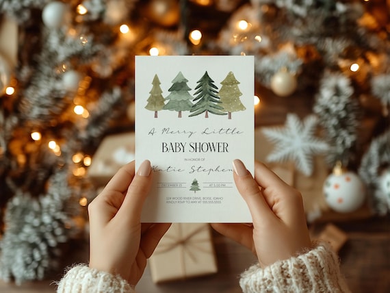 Christmas Baby Shower Invitations: Snowy Pine Tree Design, Printed Cards