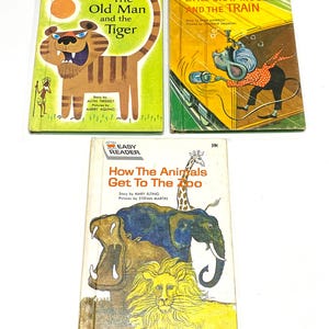 Wonder Books Easy Reader Kids Vintage Story Lot of 3 – Old Man and the Tiger - Gray Mouse - Animals get to the Zoo - Preonwed Good